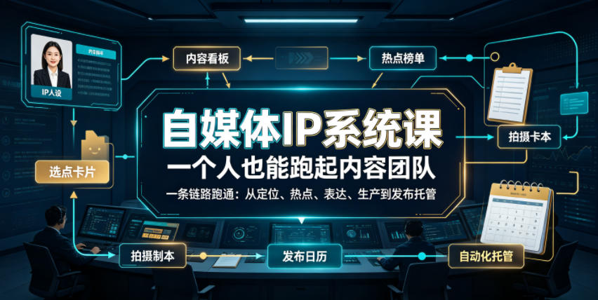 自媒体IP系统课，一个人也能跑起内容团队，一条链路跑通，从定位、热点、表达、生产到发布托管-副业终点站