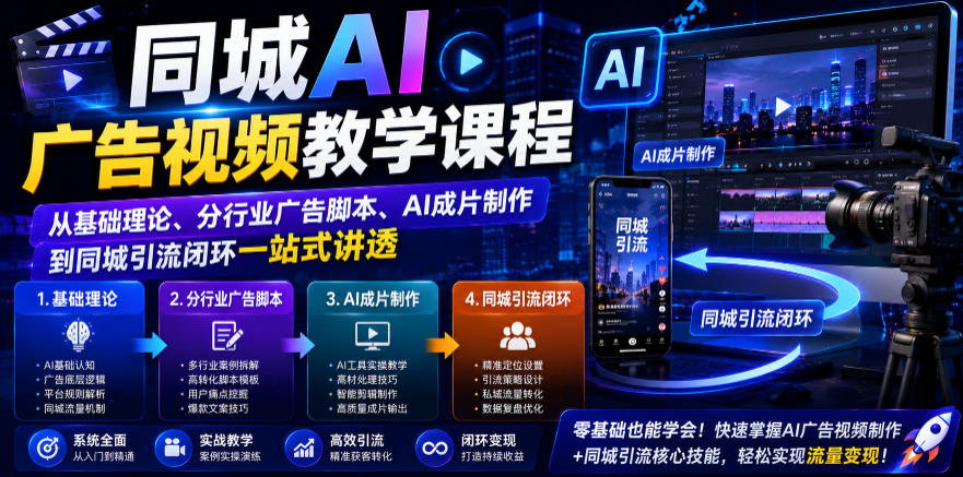 同城AI广告视频教学课程，从基础理论、分行业广告脚本、AI成片制作到同城引流闭环一站式讲透-副业终点站