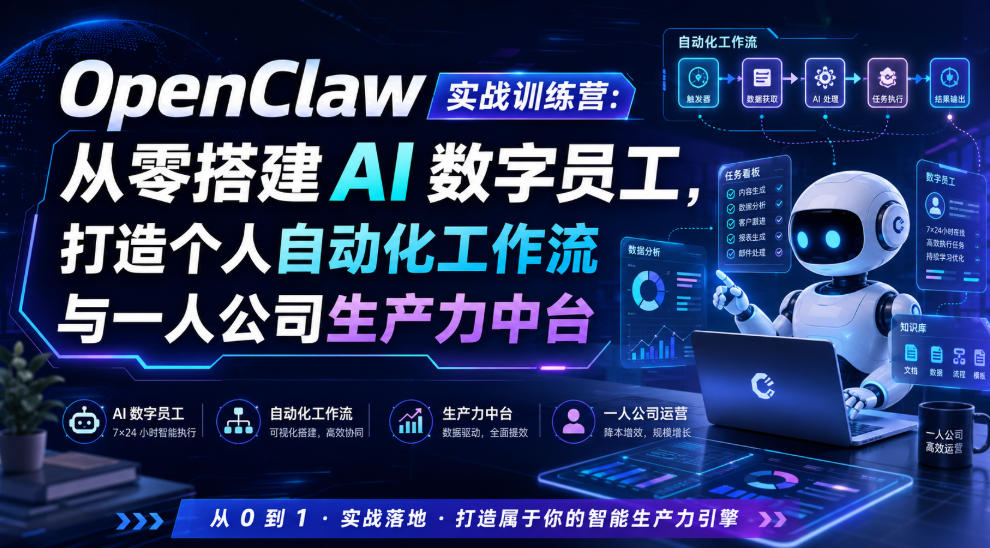 OpenClaw实战训练营：从零搭建AI数字员工，打造个人自动化工作流与一人公司生产力中台-副业终点站