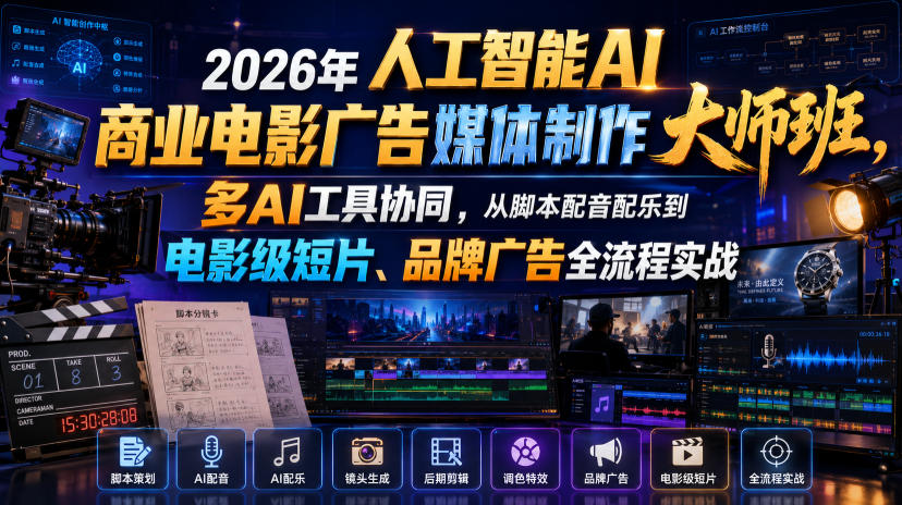 2026年人工智能AI商业电影广告媒体制作大师班，多AI工具协同，从脚本配音配乐到电影级短片、品牌广告全流程实战(中英字幕)-副业终点站