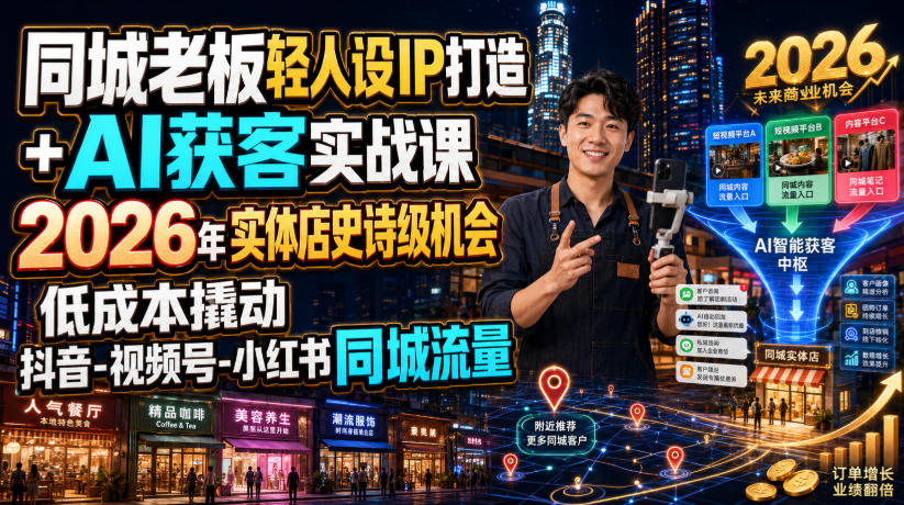 同城老板轻人设IP打造+AI获客实战课，2026年实体店史诗级机会，低成本撬动抖音-视频号-小红书同城流量-副业终点站