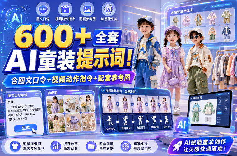 600+全套AI童装提示词！含图文口令+视频动作指令+配套参考图，Word-Excel规整分类，童装电商、种草无脑量产内容！-副业终点站