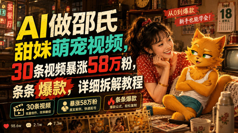 AI做邵氏甜妹萌宠视频，30条视频暴涨58万粉，条条爆款，详细拆解教程-副业终点站