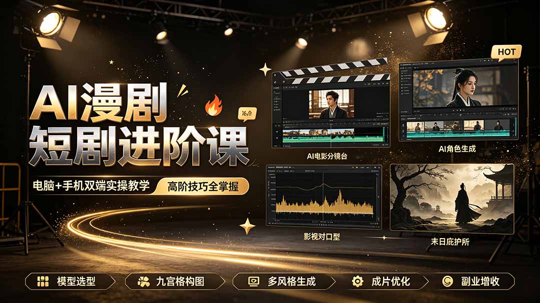 AI漫剧短剧进阶课｜电脑+手机双端实操教学｜影视剧对口型人物吃瓜×解压末日庇护所全程讲解，高阶技巧全掌握-副业终点站