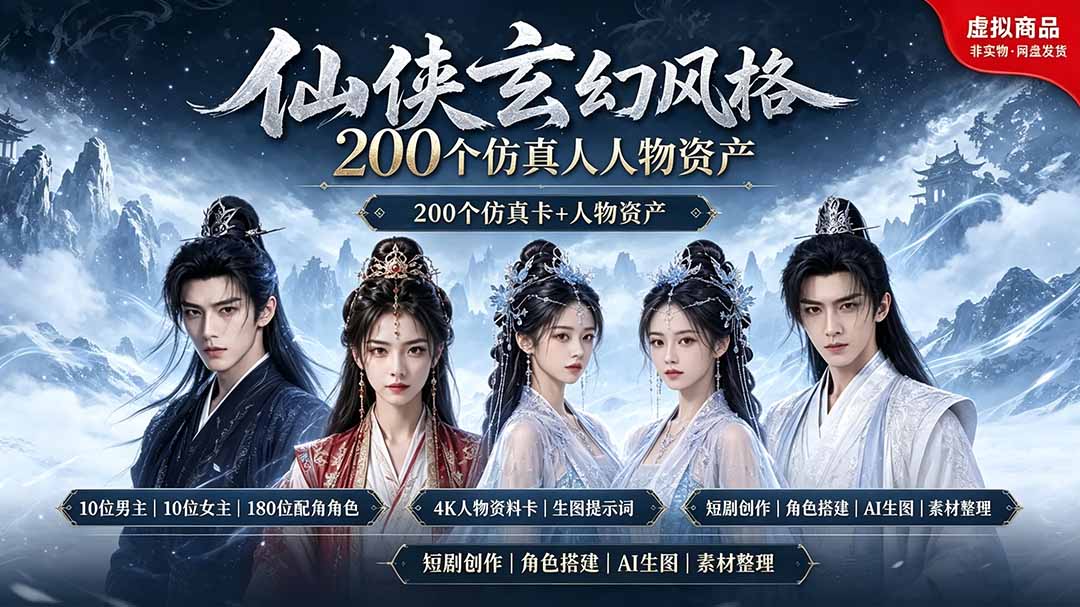 200个仙侠玄幻仿真人素材◆10男主×10女主×180配角，4K资料卡+AI生图提示词，漫剧必备-副业终点站