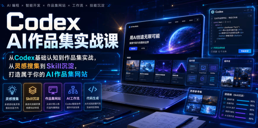Codex AI作品集实战课，从Codex基础认知到作品集实战，从灵感搜集到Skill沉淀，打造属于你的AI作品集网站-副业终点站