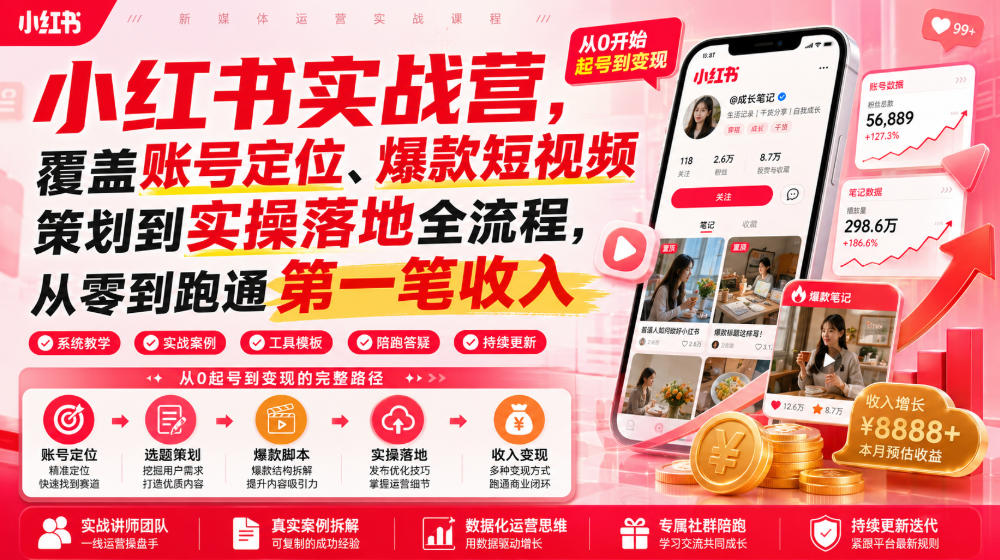 小红书实战营，覆盖账号定位、爆款短视频策划到实操落地全流程，从零到跑通第一笔收入-副业终点站