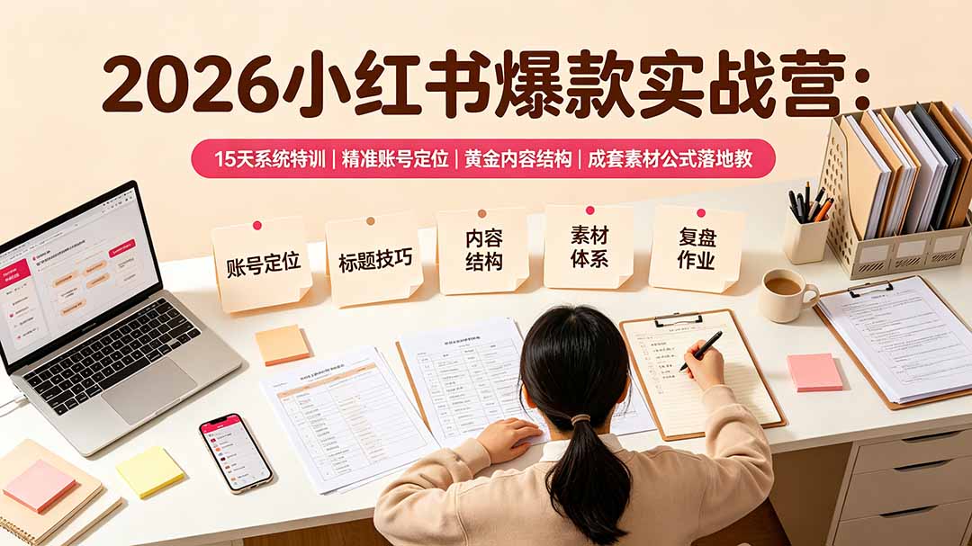 2026小红书爆款实战营：15天系统特训｜精准账号定位｜黄金内容结构｜成套素材公式落地教程-副业终点站
