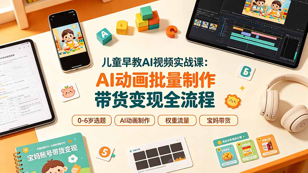儿童早教AI视频实战课：0-6岁认知选题｜AI动画批量制作｜权重流量拉升｜宝妈账号带货变现全流程-副业终点站