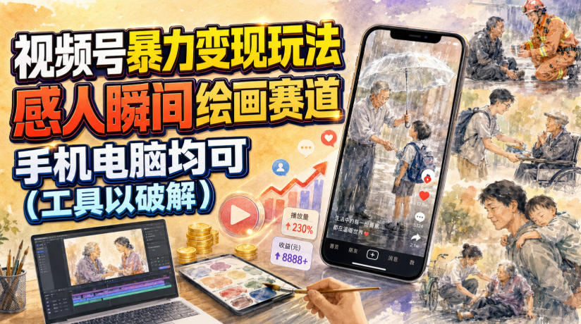 视频号暴力变现玩法，感人瞬间绘画赛道，手机电脑均可-副业终点站