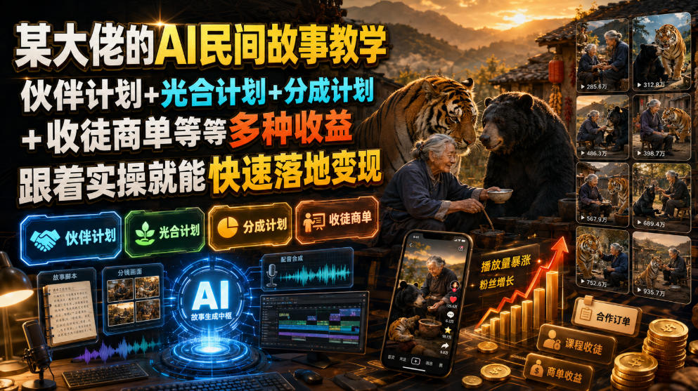某大佬的AI民间故事教学，伙伴计划+光合计划+分成计划+收徒商单等多种收益，跟着实操就能快速落地变现-副业终点站