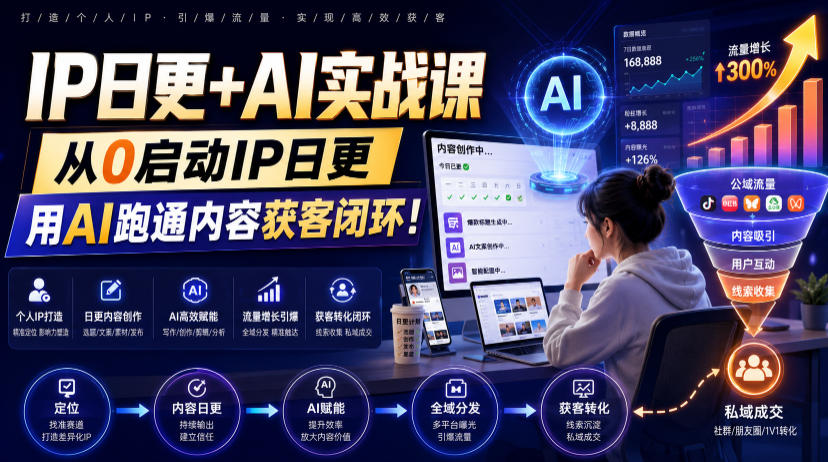 IP日更+AI实战课，从0启动IP日更，IP置顶视频制作+100条选题库搭建+10条日更规划，用AI跑通内容获客闭环!-副业终点站