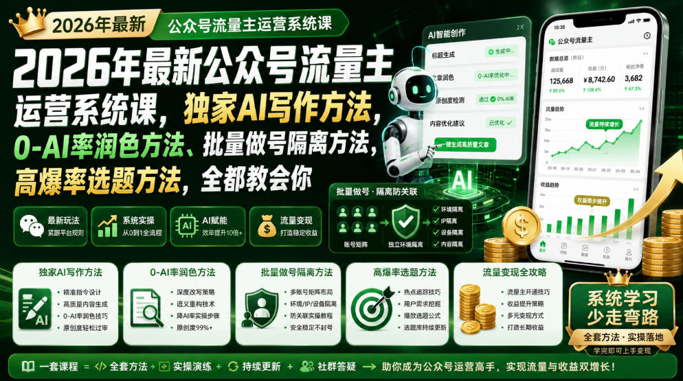 2026年最新公众号流量主运营系统课,独家AI写作方法,0-AI率润色方法、批量做号隔离方法、高爆率选题方法,全都教会你-副业终点站