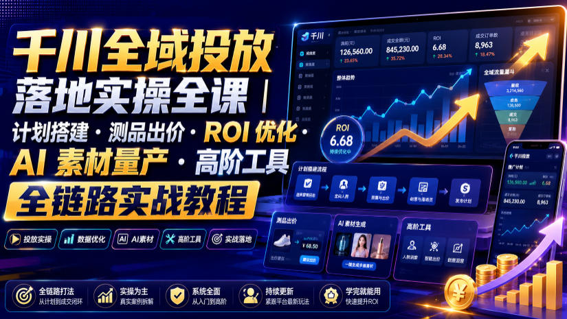 千川全域投放落地实操全课｜计划搭建・测品出价・ROI优化・AI素材量产・高阶工具全链路实战教程-副业终点站