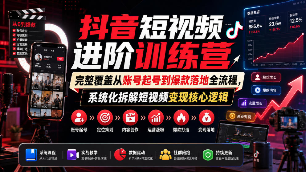 抖音短视频进阶训练营，完整覆盖从账号起号到爆款落地全流程，系统化拆解短视频变现核心逻辑-副业终点站