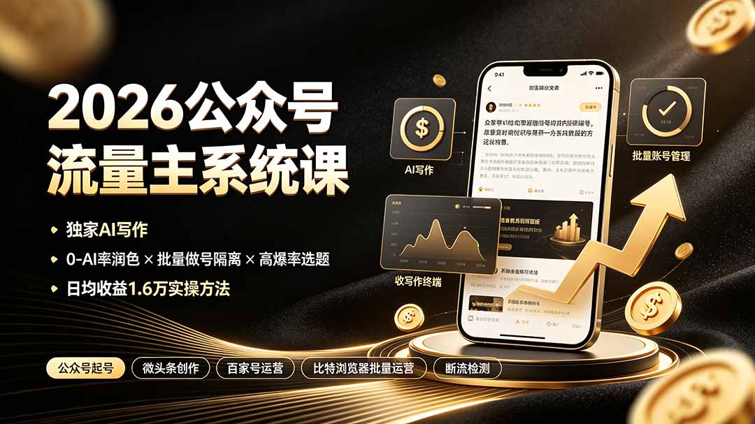 2026公众号流量主系统课:独家AI写作×0-AI率润色×批量做号隔离×高爆率选题,日均收益1.6万实操方法-副业终点站