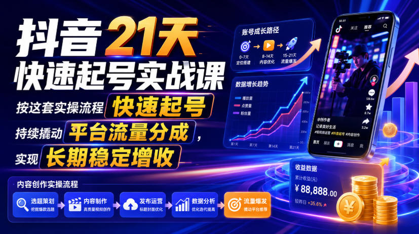 抖音21天快速起号实战课，按这套实操流程快速起号，持续撬动平台流量分成，实现长期稳定增收-副业终点站