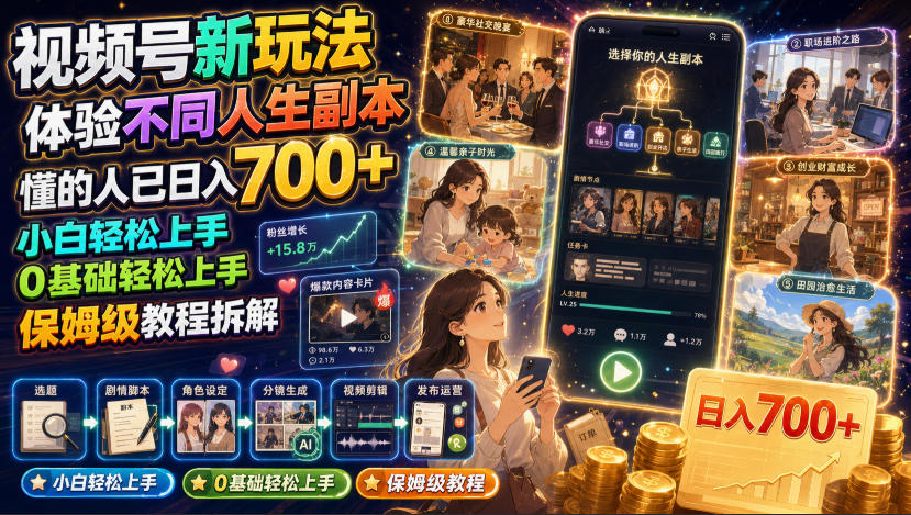 视频号新玩法体验不同人生副本，懂的人已日入700+，小白轻松上手，0基础轻松上手，保姆级教程拆解-副业终点站