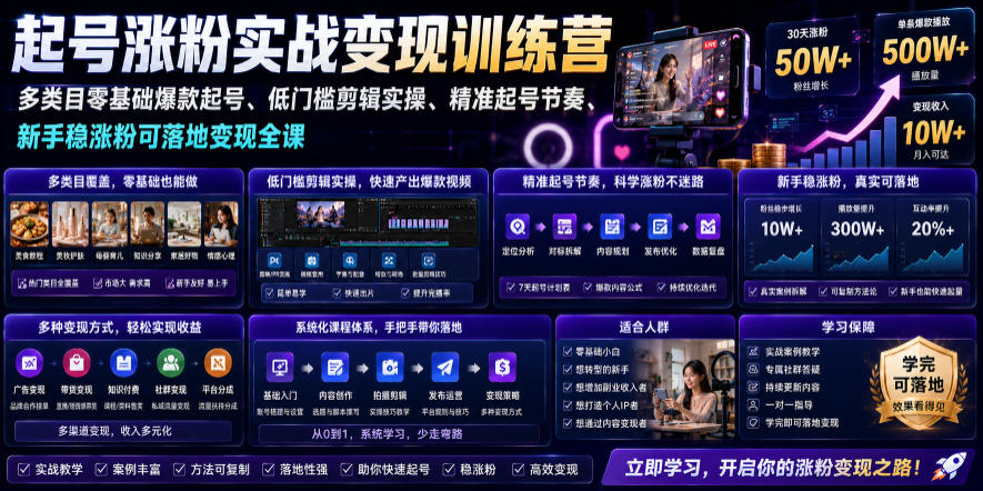 苗子起号涨粉实战变现训练营，多类目零基础爆款起号、精准起号节奏、新手稳涨粉可落地变现全课(更新0719)-副业终点站