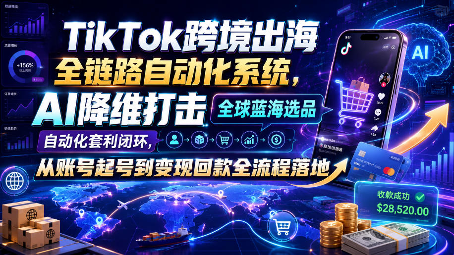 TikTok跨境出海全链路自动化系统,AI降维打击全球蓝海选品自动化套利闭环,从账号起号到变现回款全流程落地(2026年7月)-副业终点站