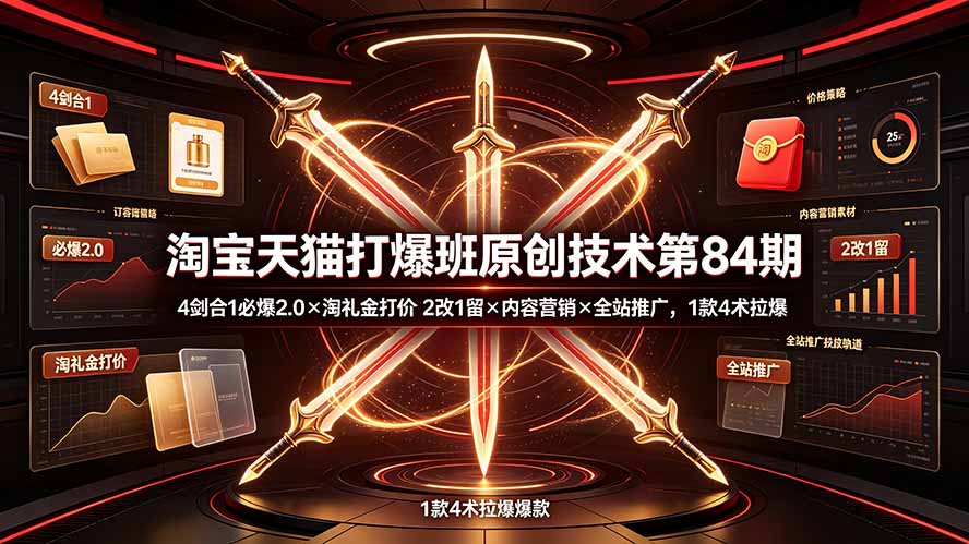 淘宝天猫打爆班原创技术第84期：4剑合1必爆2.0×淘礼金打价×2改1留×内容营销×全站推广，1款4术拉爆-副业终点站
