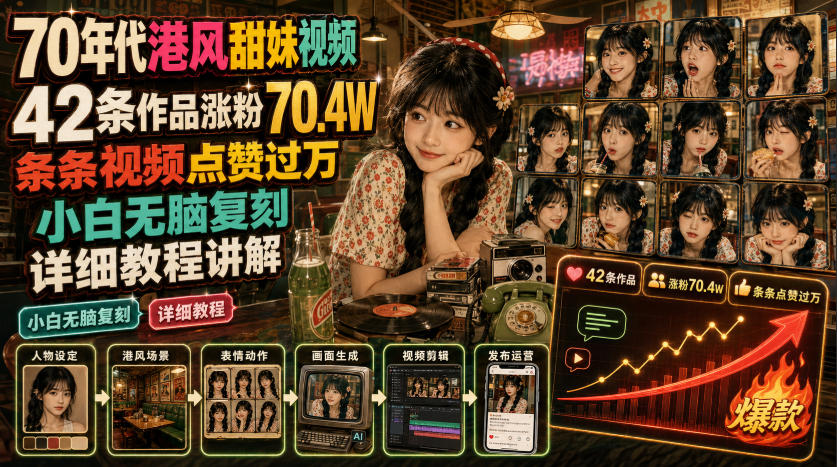 70年代港风甜妹视频，42条作品涨粉70.4W，条条视频点赞过万，小白无脑复刻，详细教程讲解-副业终点站