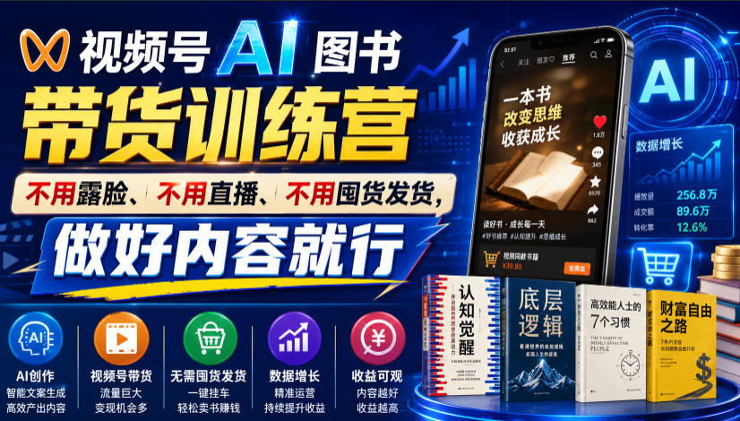 视频号AI图书带货训练营，不用露脸、不用直播、不用囤货发货，做好内容就行，一条爆款视频佣金8942-副业终点站