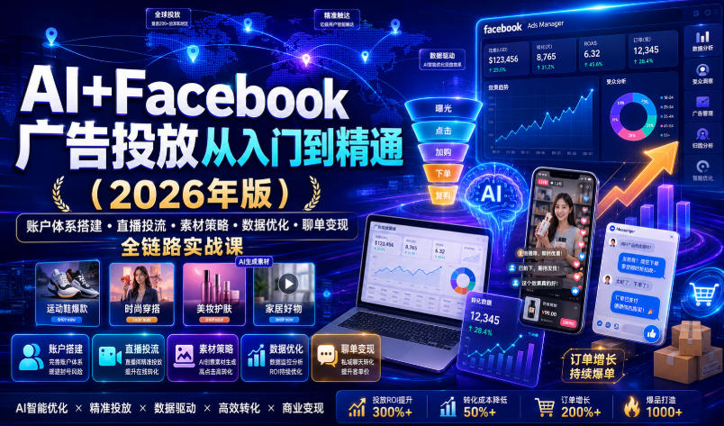 AI+Facebook广告投放从入门到精通(2026年版)｜账户体系搭建・直播投流・素材策略・数据优化・聊单变现全链路实战课-副业终点站