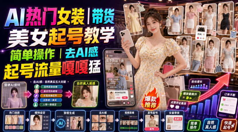 AI热门女装带货丨美女起号教学，简单操作，去AI感，起号流量嘎嘎猛-副业终点站