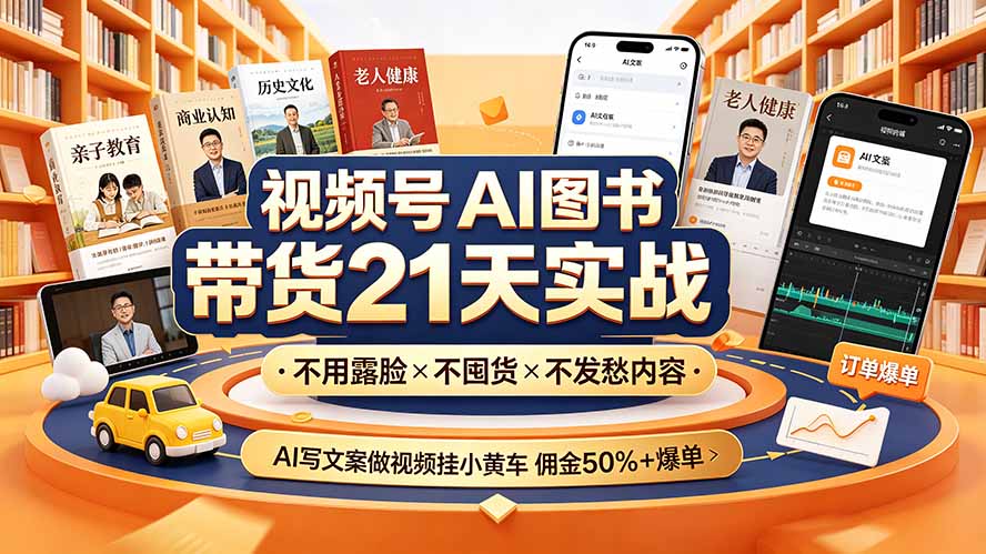 视频号AI图书带货21天实战:不用露脸×不囤货×不发愁内容,AI写文案做视频挂小黄车,佣金50%+爆单-副业终点站