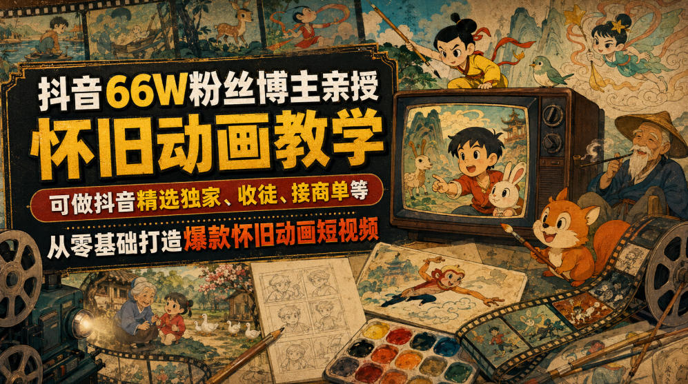 抖音66W粉丝博主亲授怀旧动画教学，可做抖音精选独家、收徒、接商单等，从零基础打造爆款怀旧动画短视频-副业终点站