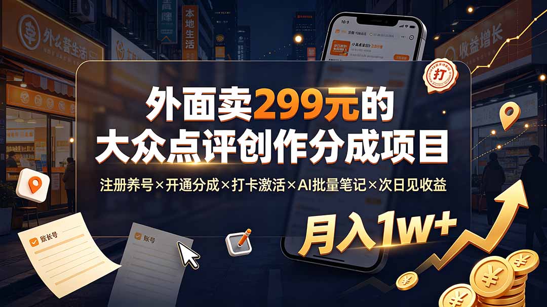 外面卖299元的大众点评创作分成项目：注册养号×开通分成×打卡激活×AI批量笔记×次日见收益，月入1w+-副业终点站