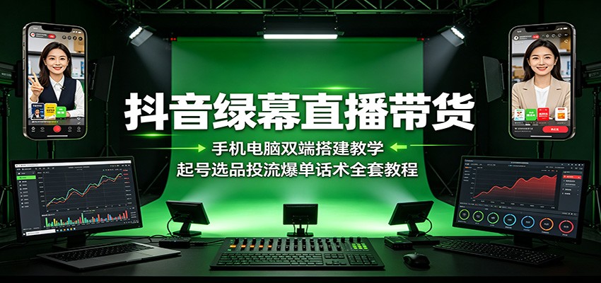 抖音绿幕直播带货：手机电脑双端搭建教学，起号选品投流爆单话术全套教程-副业终点站