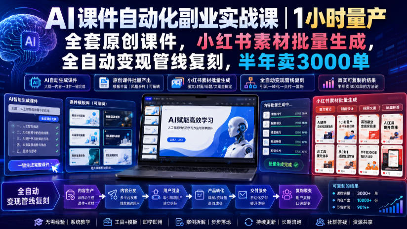 AI课件自动化副业实战课|1小时量产全套原创课件,小红书素材批量生成,全自动变现管线复刻,半年卖3000单-副业终点站
