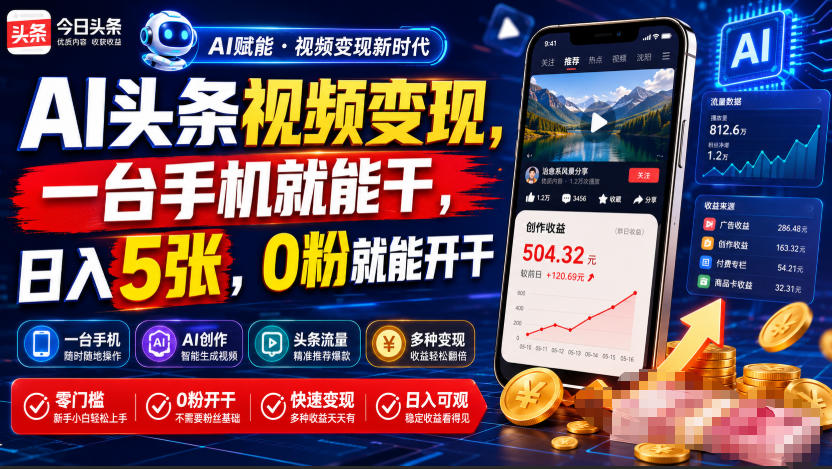 AI头条视频变现,一台手机就能干,日入5张,0粉就能开干-副业终点站