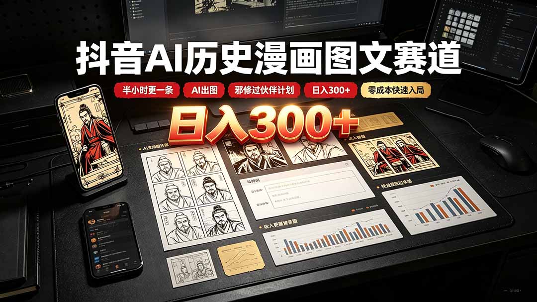 抖音AI历史漫画图文赛道:半小时更一条×AI出图×邪修过伙伴计划×日入300+,零成本快速入局-副业终点站