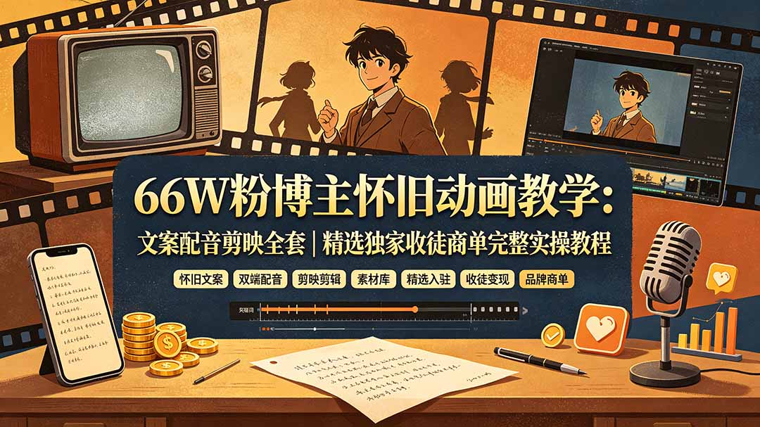 66W粉博主怀旧动画教学:文案配音剪映全套|精选独家收徒商单完整实操教程-副业终点站