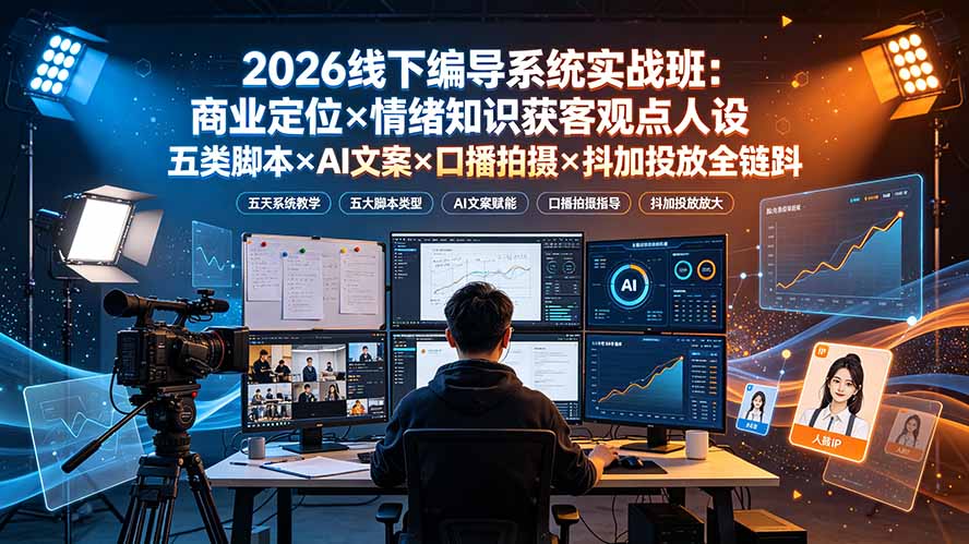 2026线下编导系统实战班：商业定位×情绪知识获客观点人设五类脚本×AI文案×口播拍摄×抖加投放全链路-副业终点站