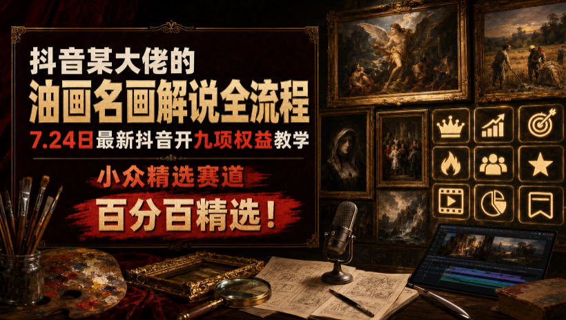 抖音某大佬的油画名画解说全流程，7.24日最新抖音开九项权益教学，小众精选赛道，百分百精选！-副业终点站