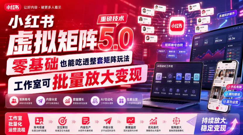 小红书虚拟矩阵5.0重磅技术，零基础也能吃透整套矩阵玩法，工作室可批量放大变现-副业终点站