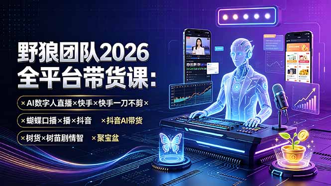 野狼团队2026全平台带货课-7月:AI数字人直播×快手一刀不剪×蝴蝶口播×抖音AI带货×树苗剧情智剪×聚宝盆-副业终点站