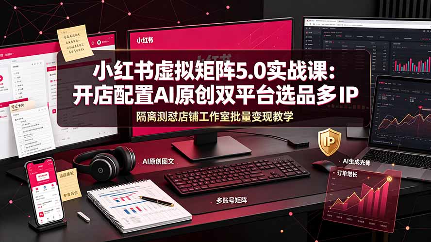 小红书虚拟矩阵5.0实战课：开店配置｜AI原创｜双平台选品｜多IP隔离｜测怼店铺工作室批量变现实操教学-副业终点站