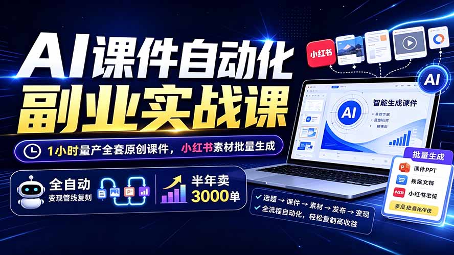 AI课件自动化副业实战课：1小时量产全套原创课件×小红书素材批量生成×全自动变现管线×半年卖3000单-副业终点站