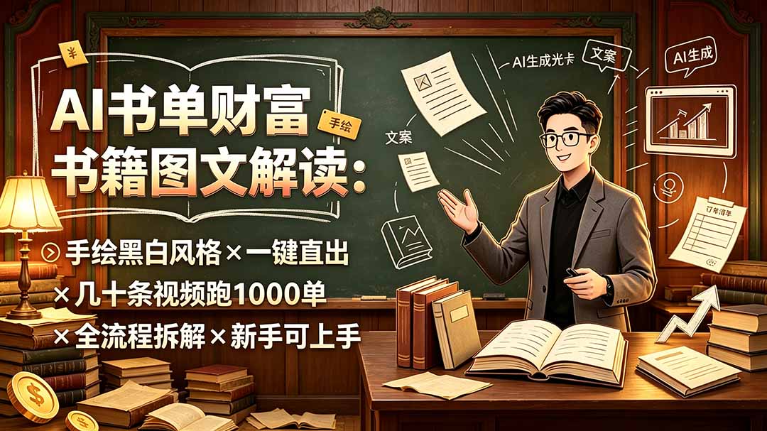 AI书单财富书籍图文解读：手绘黑白风格×一键直出×几十条视频跑1000单×全流程拆解×新手可上手-副业终点站