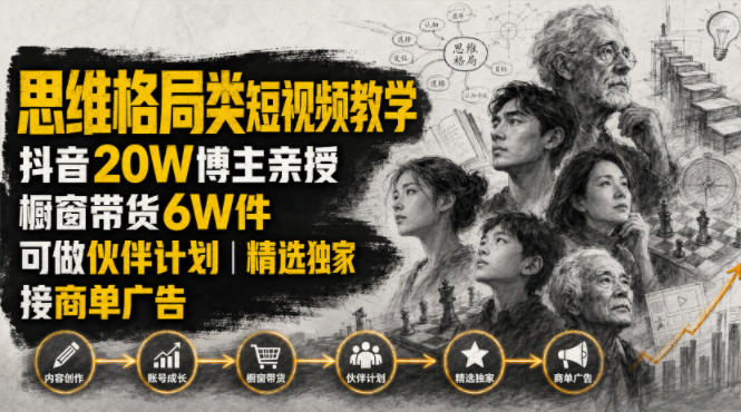人性思维格局类短视频教学,抖音20W博主亲授,橱窗带货6W件,可做伙伴计划、精选独家、接商单广告-副业终点站