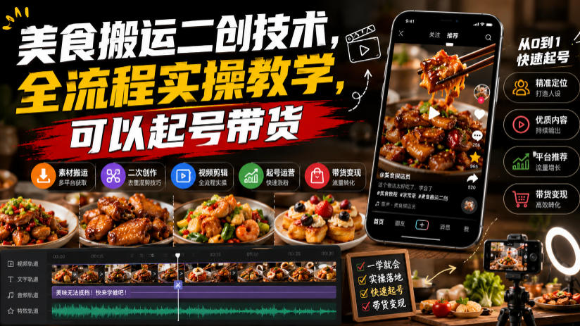 美食搬运二创技术,全流程实操教学,可以起号带货-副业终点站