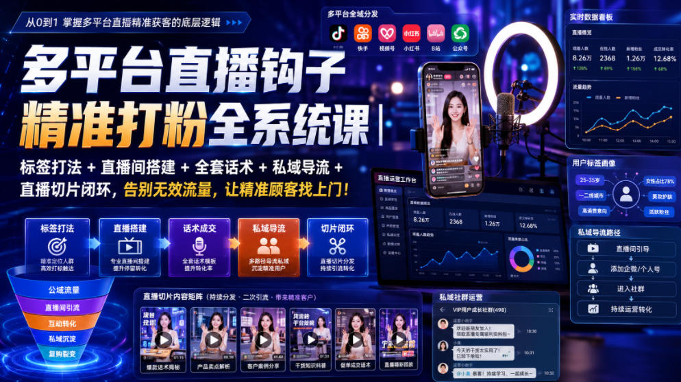 多平台直播钩子精准打粉全系统课|标签打法+直播间搭建+全套话术+私域导流+直播切片闭环,告别无效流量,让精准顾客找上门!-副业终点站