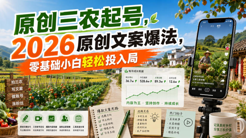 原创三农起号,2026原创文案爆法,零基础小白轻松投入局-副业终点站