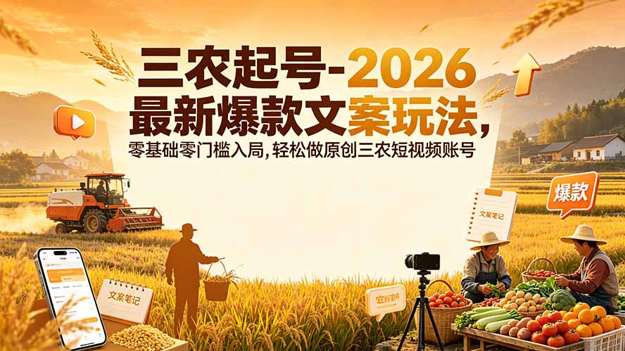 三农起号-2026 最新爆款文案玩法,零基础零门槛入局,轻松做原创三农短视频账号-副业终点站