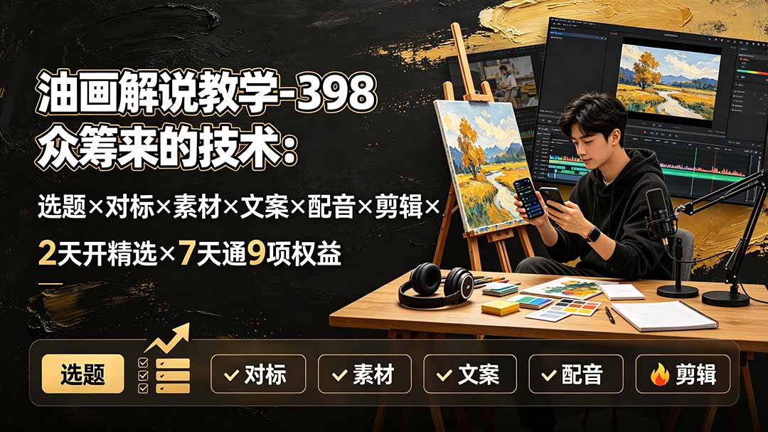 油画解说教学-398众筹来的技术:选题×对标×素材×文案×配音×剪辑×2天开精选×7天通9项权益-副业终点站